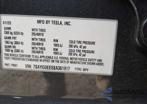 2025 Tesla Model Y Long Range Dual Motor All-Wheel Drive из США, поврежденный, VIN 7SAYGDEE5SA361917